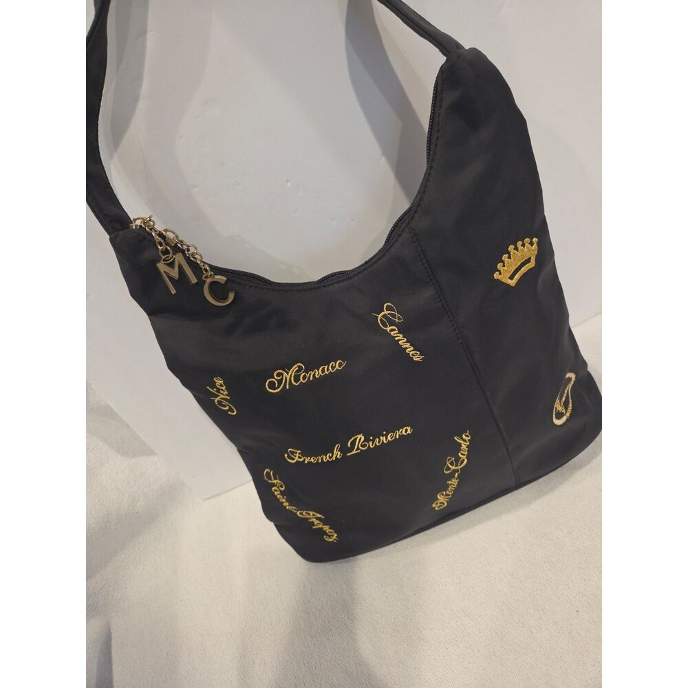 Y2k Monaco Black Nylon Shoulder Bag Gold French Riviera Embroidery